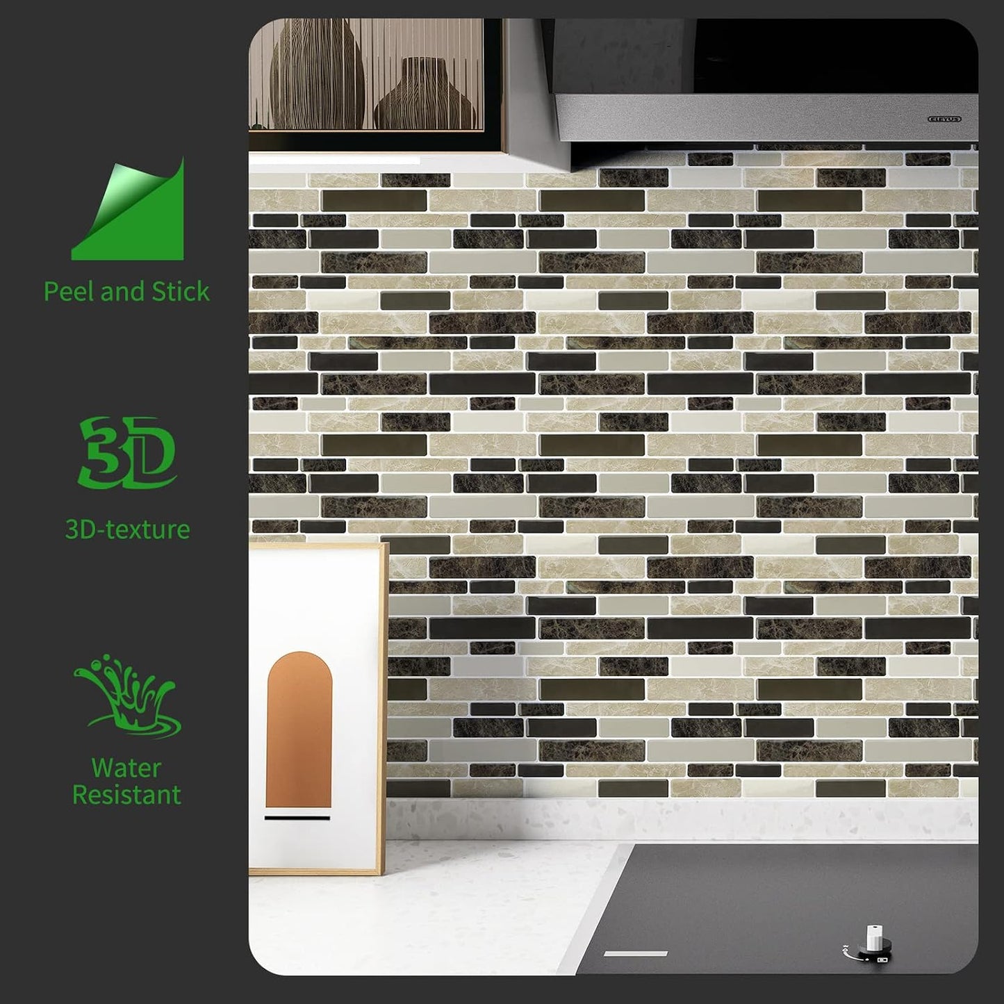 LONGKING Self-Adhesive Kitchen Backsplash, Marble Look Decorative Tiles (10 Tiles)