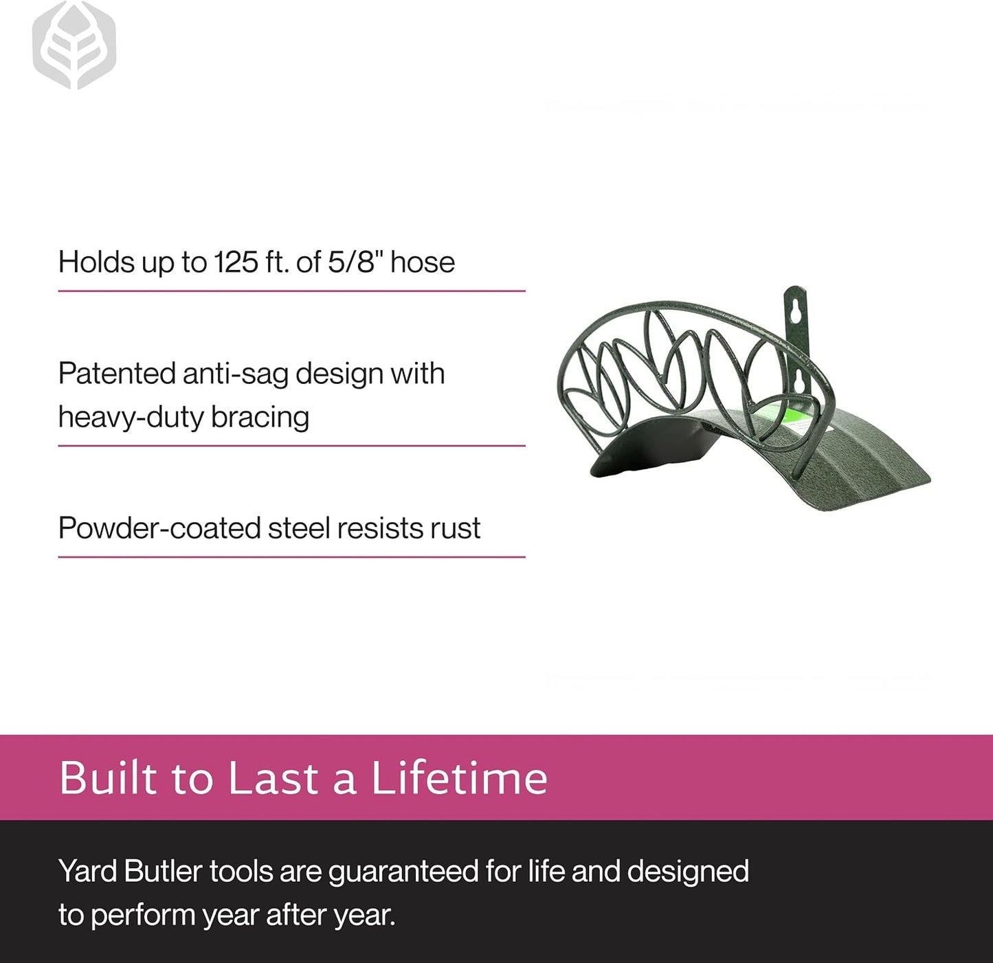 Yard Butler Heavy Duty Wall-Mounted Hose Hanger - Garden Hose Holder for Convenient Organization - Holds up to 125 Feet - Powder Coated Steel - Heavy Duty Bracing - Classic Design, Green
