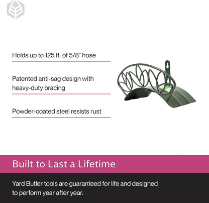 Yard Butler Heavy Duty Wall-Mounted Hose Hanger - Garden Hose Holder for Convenient Organization - Holds up to 125 Feet - Powder Coated Steel - Heavy Duty Bracing - Classic Design, Green