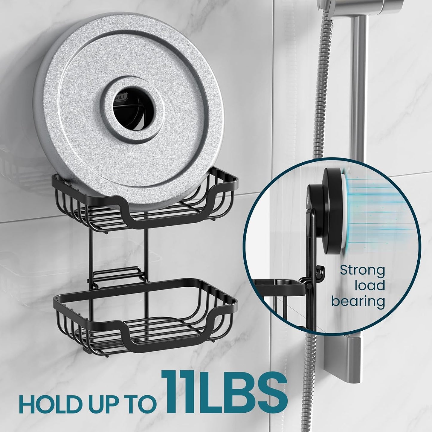 TAILI Soap Holder for Shower – Suction Cup Bar Soap Dish with Hooks, Rustproof Stainless Steel, Self-Draining Sponge Holder with Razor Holder for Bathroom & Kitchen, Black