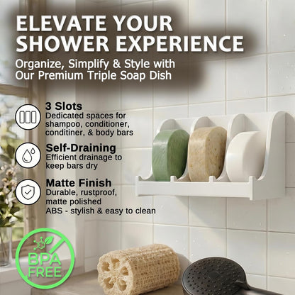 Soap Holder for Shower Wall, 3-Compartment Soap Dish for Shampoo, Conditioner and Body Soap, Fast Draining & Rust-Proof & Heavy Duty, Ultra-Strong Adhesive for Long-Term Bathroom Use & Freestanding