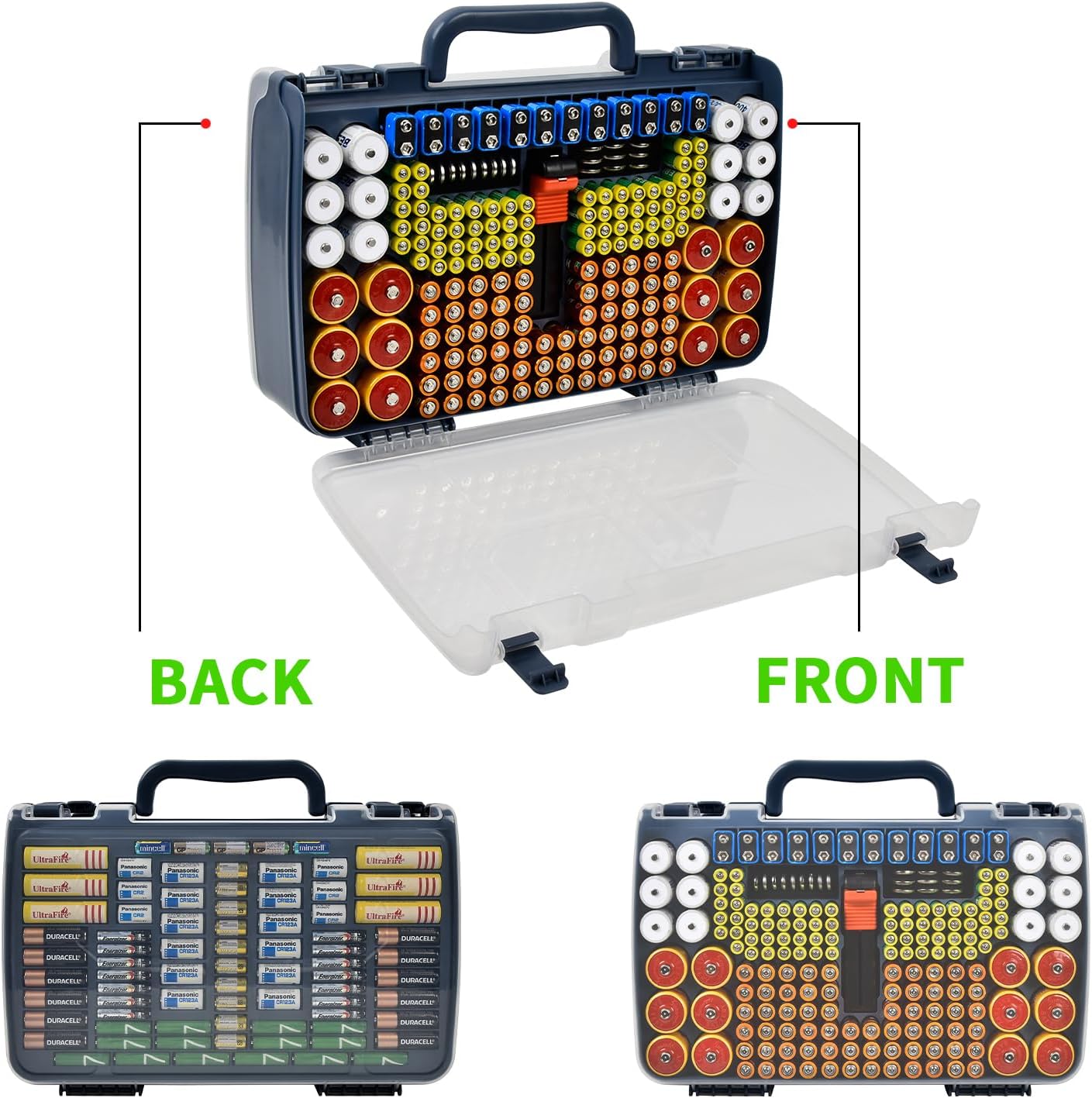 Battery Organizer Storage Case with Tester for 269 Batteries, Double Sides | Plastic, For AA AAA 4A C D Cell 9V 3V LR44 CR2 CR123 CR1632 18650 Button, Wall/Drawer, For Families/DIY/Home/Garage, Grey