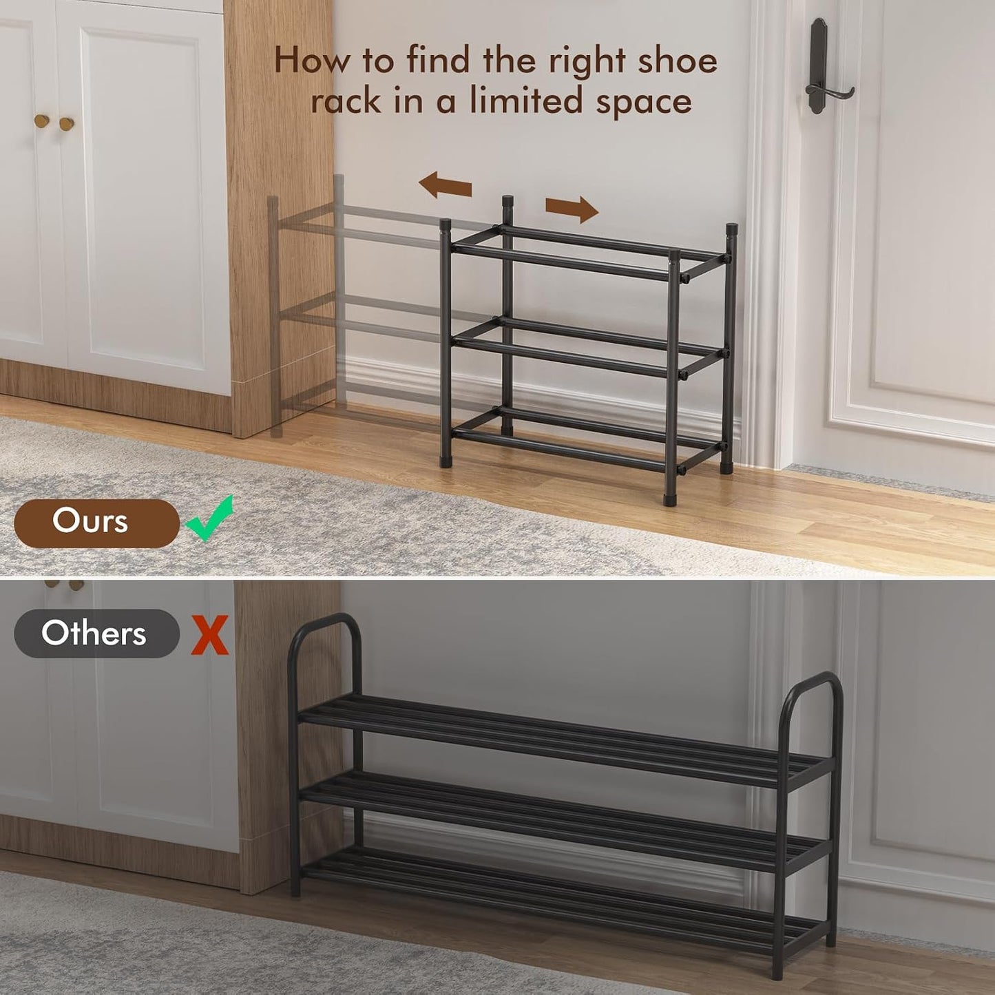 Uneviesyka Expandable Shoe Rack, 2 Tier Shoe Rack for Closet, Stackable Adjustable Standing Metal Shoe Shelf Organizer Storage, Small Shoe Racks for Front Door Entrance、Entryway(Black)