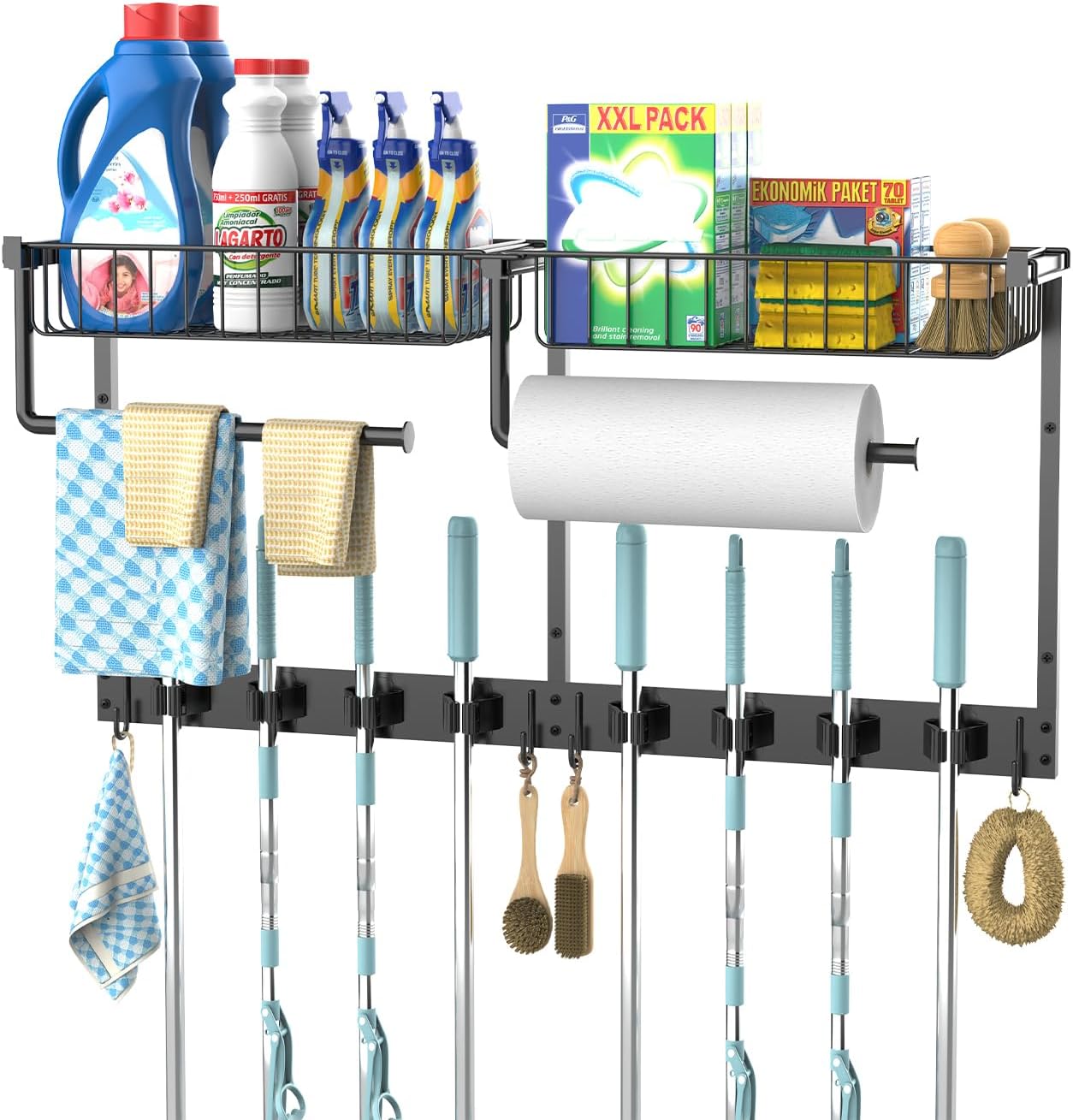 Broom Holder Wall Mount, Broom and Mop Organizer Wall Hanging with Paper Towel Holder & Removable Anti-fall Basket, Wall Mount Cleaning Supplies Organizer for Laundry Room, Apartment, Utility Room
