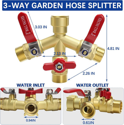 Hose Splitter 2 Way Heavy Duty, Full Flow Garden Hose Splitter with Large Easy-Turn Handle, 3/4 Inch GHT Brass Water Hose Splitter for Outdoor Faucet, Y Valve Hose Bib Splitter