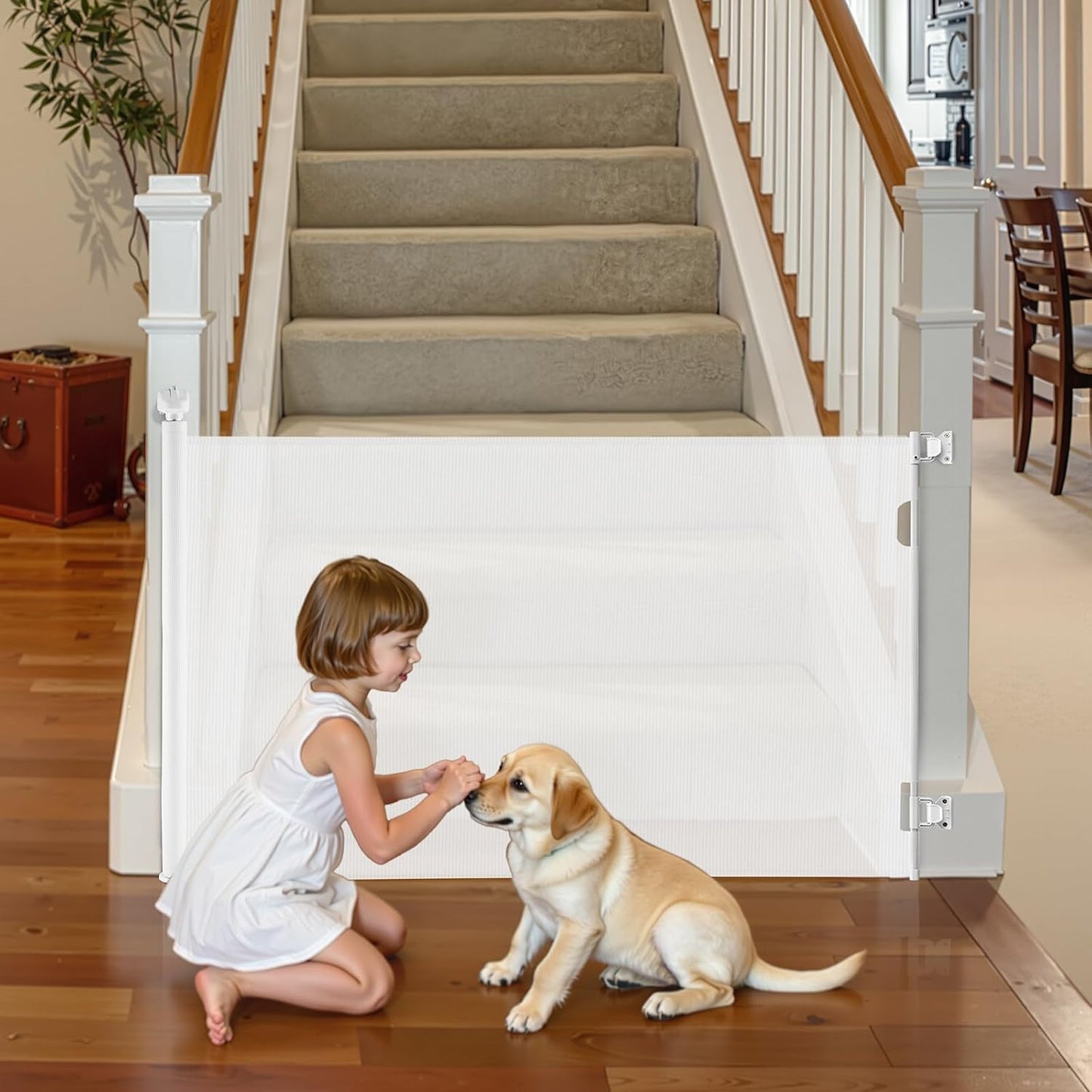 VEVOR Retractable Baby Gate, Extends to 202.7 inch Extra Wide, 39 inch Tall, with Reinforced Fiberglass Strips, Avoids Crawling Through, Mesh Dog Gate for Decks, Doorways, Garages, Indoor, Black