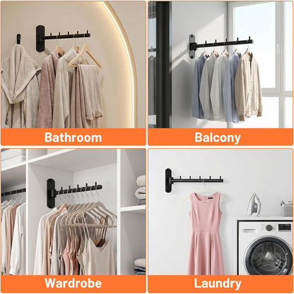 2-Pack Folding Wall Mounted Clothes Hanger Rack, 180° Swing Arm Space Saving Drying Rack, Heavy Duty Stainless Steel Hook for Laundry Room, Bathroom, Closet - Black