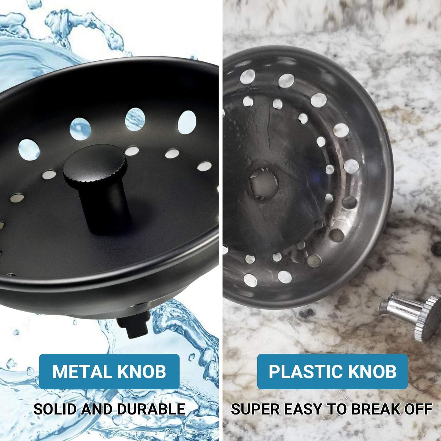 KONE 2PCS Kitchen Sink Basket Strainer Replacement for 3-1/2 Inch Standard Drains Brushed Stainless Steel Body Metal Center Knob with Rubber Stopper