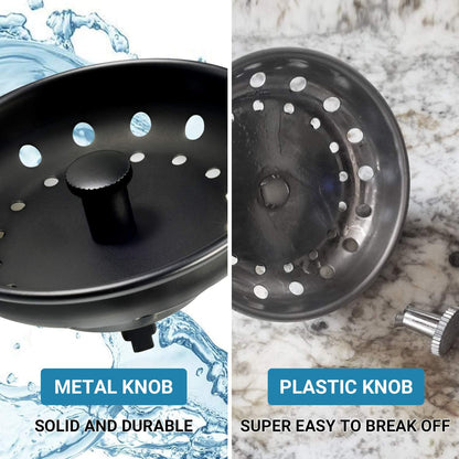 KONE 2PCS Kitchen Sink Basket Strainer Replacement for 3-1/2 Inch Standard Drains Brushed Stainless Steel Body Metal Center Knob with Rubber Stopper