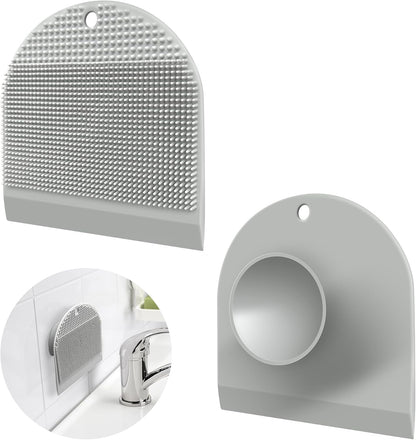 2 Pack Silicone Sink Cleaning Brush with Squeegee, Flexible Non-Scratch Dish Scrubber for Kitchen and Bathroom Sink, Countertop & Dishwashing, Suction Cup Hanging Design (Gray)