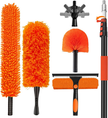 26FT High Reach Duster with Extension Pole 5-20FT, 4-in-1 Cleaning Kit with Universal Swivel Joint | High Ceiling Fan Cleaner, Cobweb Duster & Window Squeegee for Safe High-Reach Cleaning