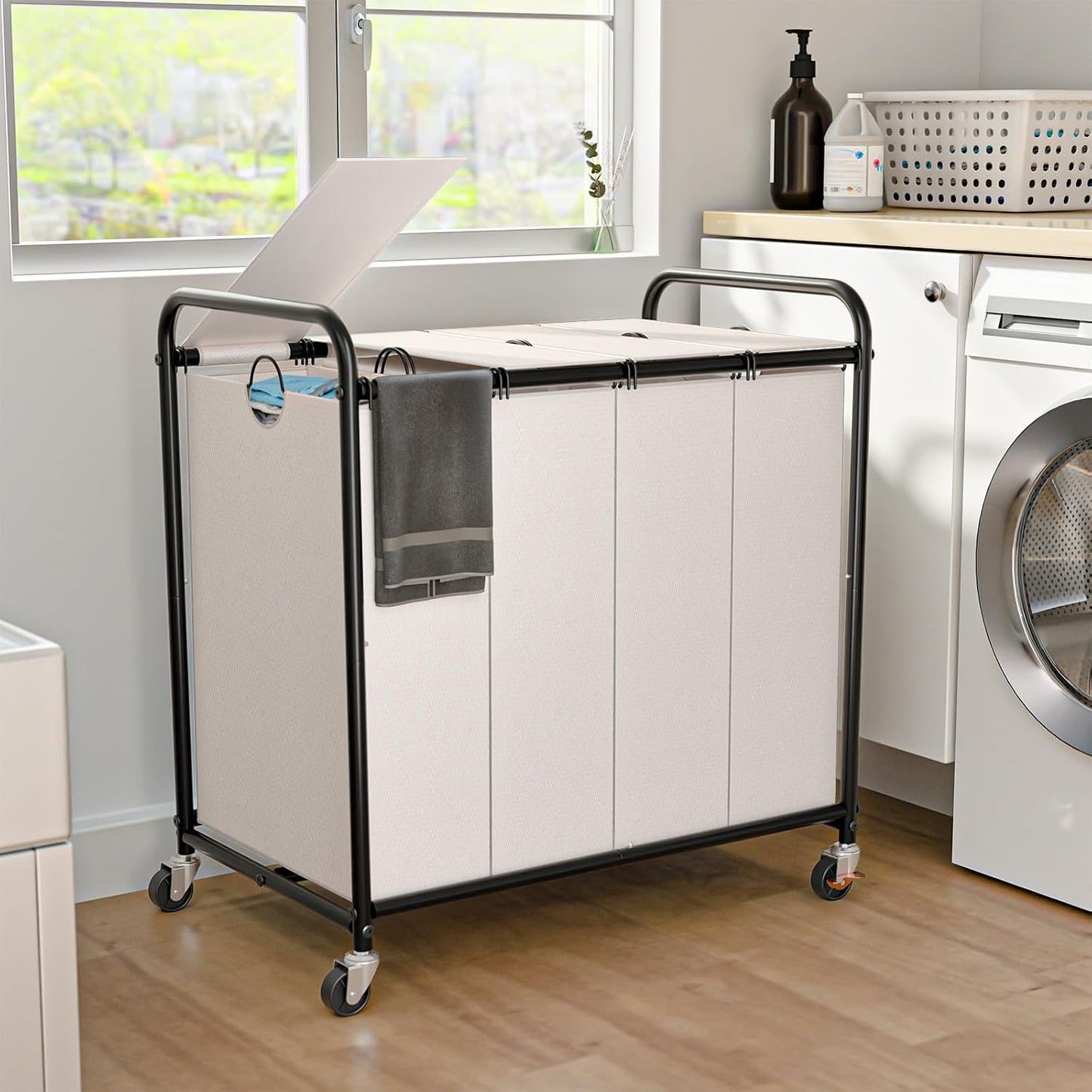 180L (47.55 Gal) Laundry Sorter 3 Section, Rolling Laundry Basket with Lockable Wheels and Lid, Laundry Hamper with 3 Separated Removable Bags Dirty Clothes Hamper for Laundry Room Organizer, Black
