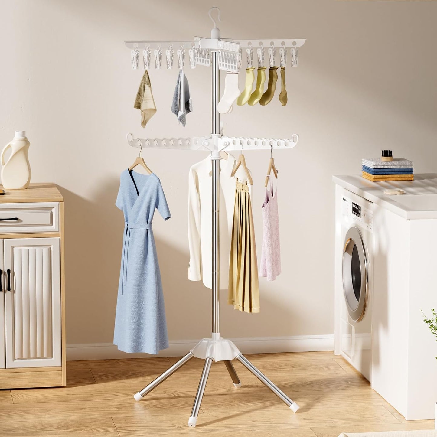 Abiglifty Rotatable and Foldable Clothes Drying Rack, Space Saving Free Standing Laundry Drying Rack for Indoor, Balcony, 1 Layer