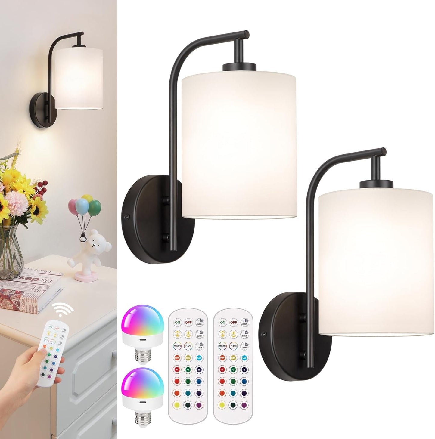 MATAMEYE Battery Operated Wall Sconce Set of 2, Black Rechargeable Wireless Wall Light Fixture with Remote, 12 RGB Colors & Timer, Indoor Dimmable Wall Lamp with Linen Shade