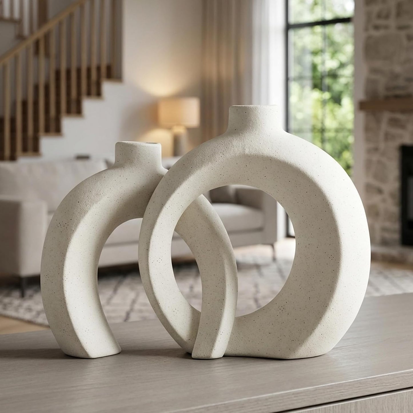 7.2″Hx8.9″H Donut Shape Decorative Vase Set of 2, Ceramic, Modern Minimalism Styles, Flowers or Plant Table Vases for Home Decor Living Room Shelf Entry Console Mantle Dining Centerpiece (Matte White)