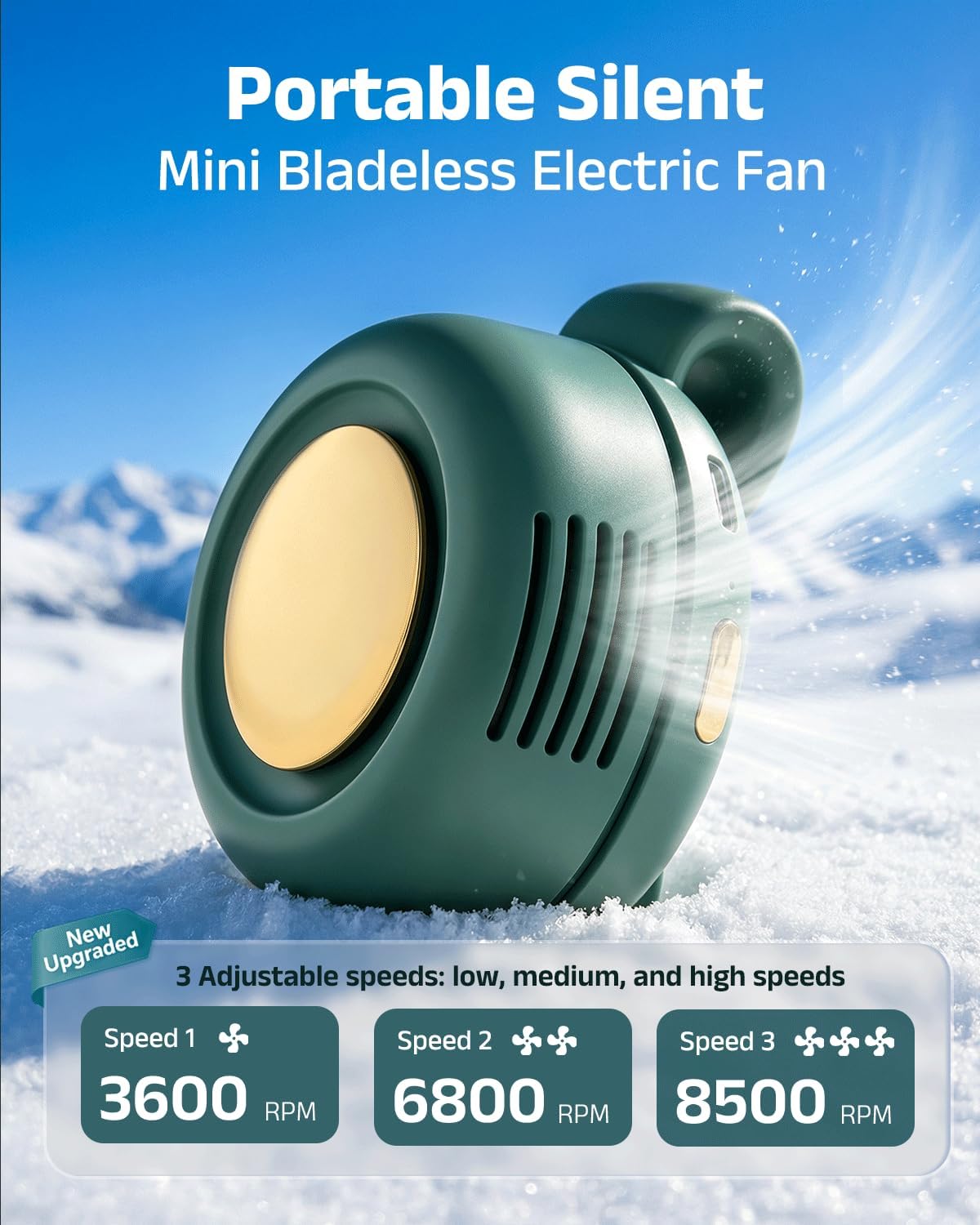 Portable Silent Mini Bladeless Electric Fan, 360° Rotatable Portable Mini Clip On Fan for Shirt Waist Rechargeable Whirlwind Clip Fan, 3-Speed Personal Fan Clip On for Outdoor, Travel, Home (Green)