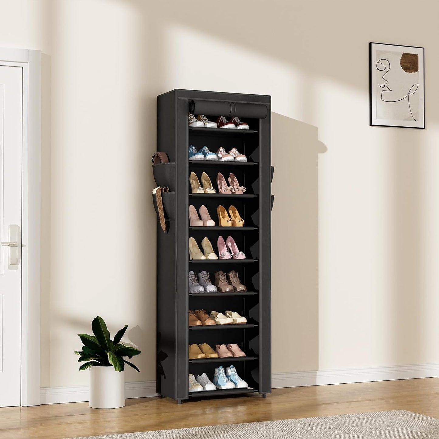 LANTEFUL Shoe Rack with Covers - 10 Tiers Tall Shoe Rack Organizer Large Capacity Shoe Shelf Storage 40 Pairs Space Saving Vertical Shoe Storage Organizer for Closet, Entryway, Dorm, Bedroom