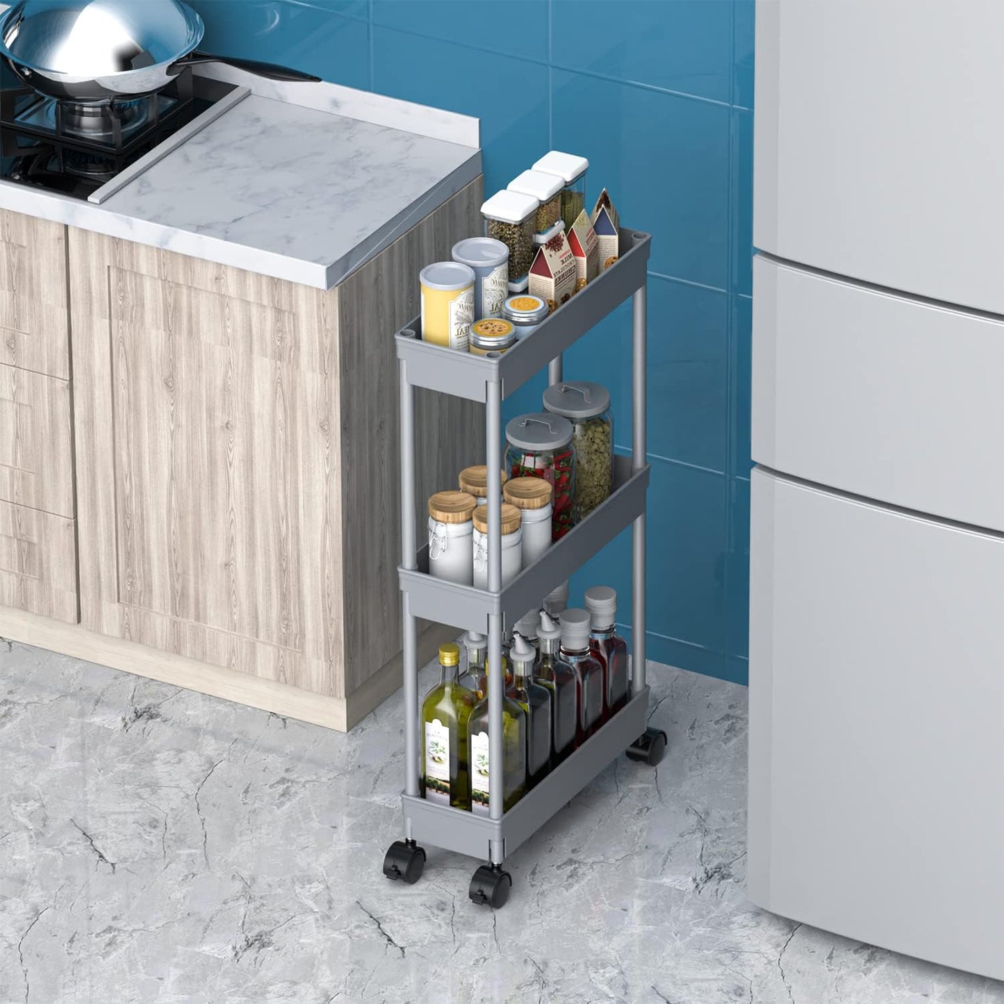 Sooyee 3 Tier Rolling Cart with Wheels, Slim Storage Cart, Under Desk Narrow Rolling Utility Cart Storage Organizer for Office Bathroom Kitchen Laundry Room Narrow Places, White, Plastic and Metal
