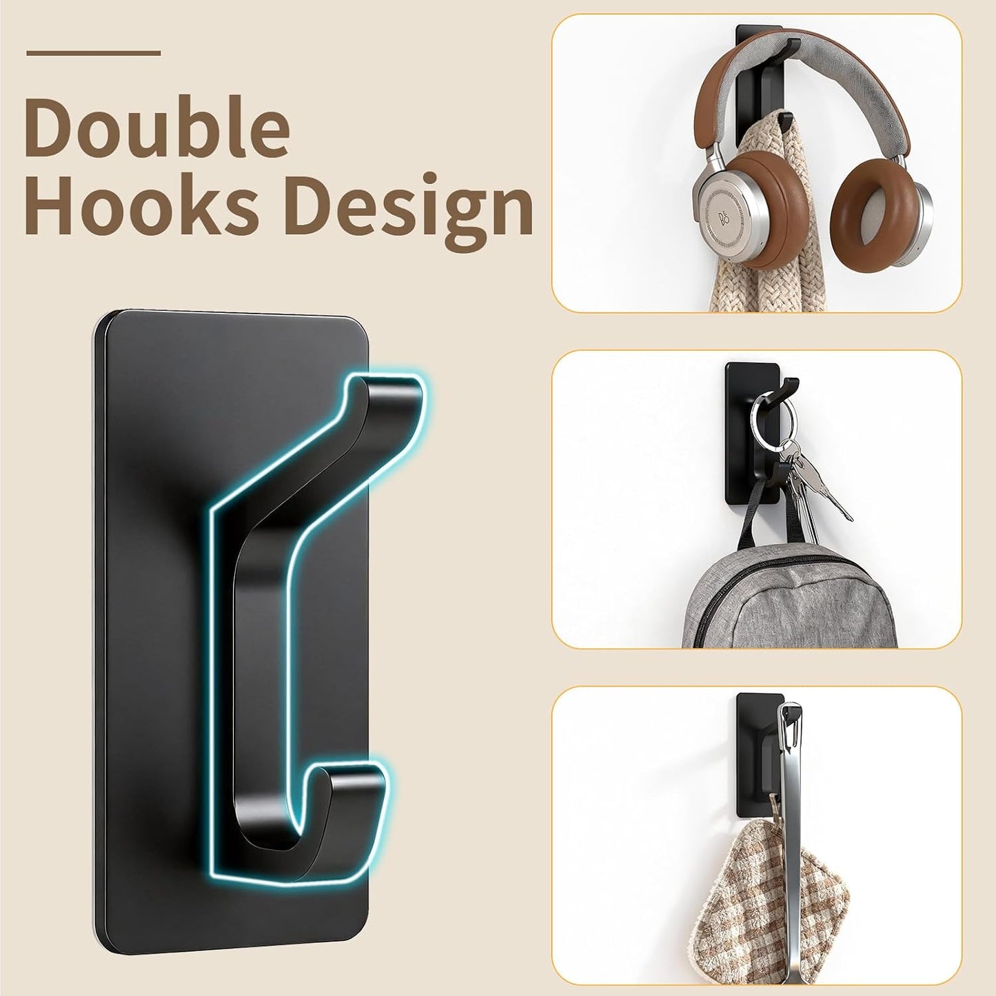 STWWO Adhesive Wall Coat Hooks, Black Heavy Duty Hooks for Hanging, Towel Hooks for Walls No Damage, 4 Pack