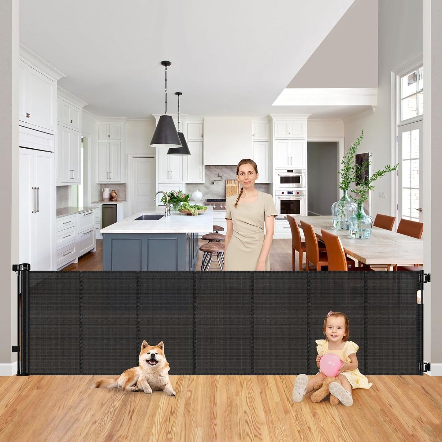 Reinforced Retractable Baby Gates with Support Beam 60" Wide Retractable Dog Gate Indoor Prevent Children and Dogs from Crawling Under Outdoor Dog Gate for Deck Mesh Gates for Kids or Pets, Black