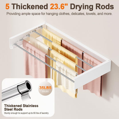 Wall Mounted Clothes Drying Rack Folding Indoor, Foldable Laundry Drying Rack Collapsible,Invisible, Space Saving, Retractable Towel Drying Rack, with Wall Template(5 Drying Rods, White 32")