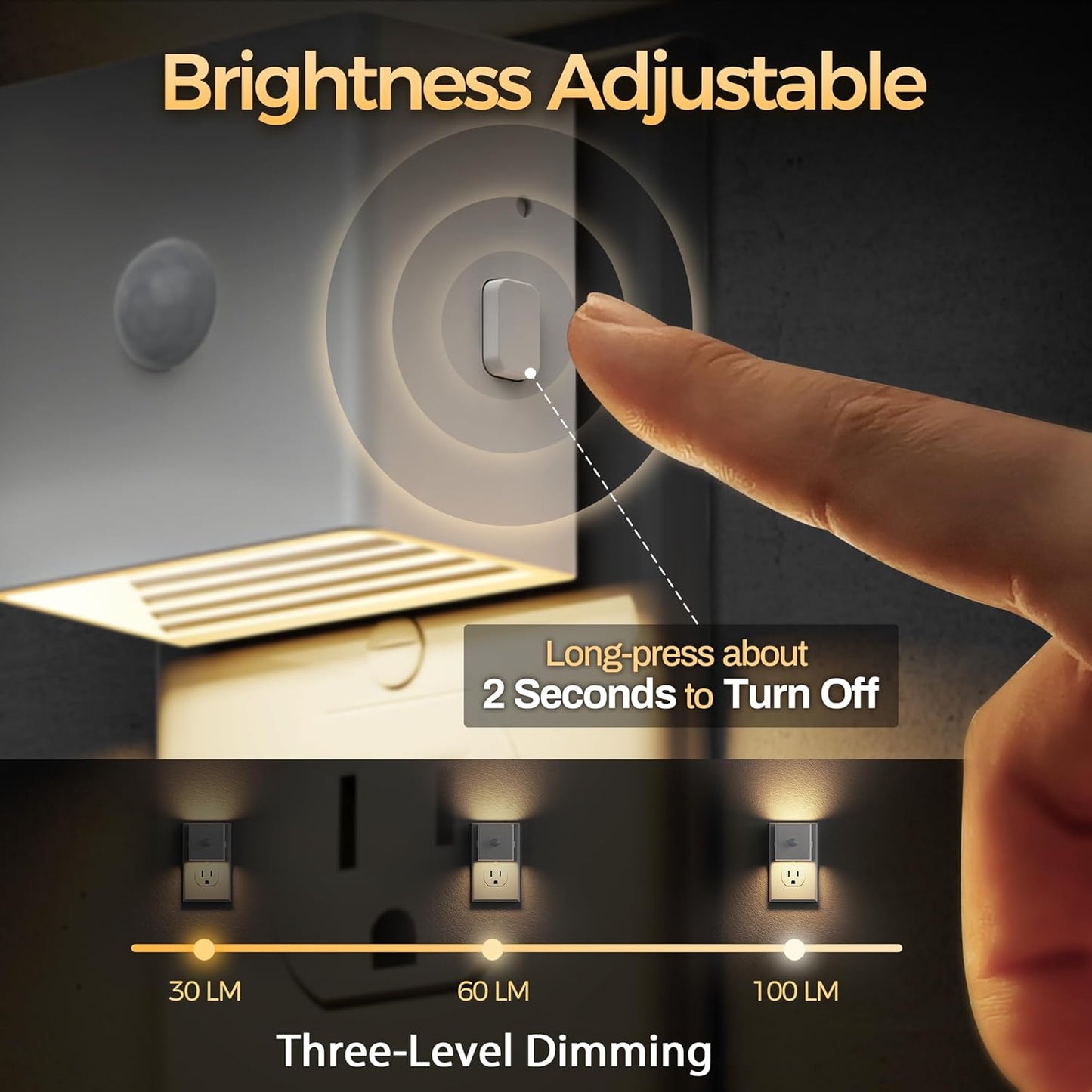 DORESshop LED Motion Sensor Night Light [2 Pack], Plug in Night Light, Dusk to Dawn Night Light Motion Sensor, 3 Level Brightness Adjustable Night Lights for Adults, Bedroom, Bathroom, Hallway, 3000K