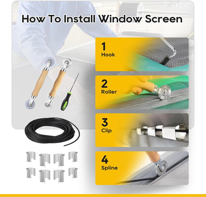 King&Charles Window Screen Door Repair/Replacement Kit, Include Black Screen Mesh 48"x118"+ 2 Roller+50Ft Spline+8Clips+Hook, 6 in 1 Window Mesh Kit, Steel/Nylon Bearing Roller