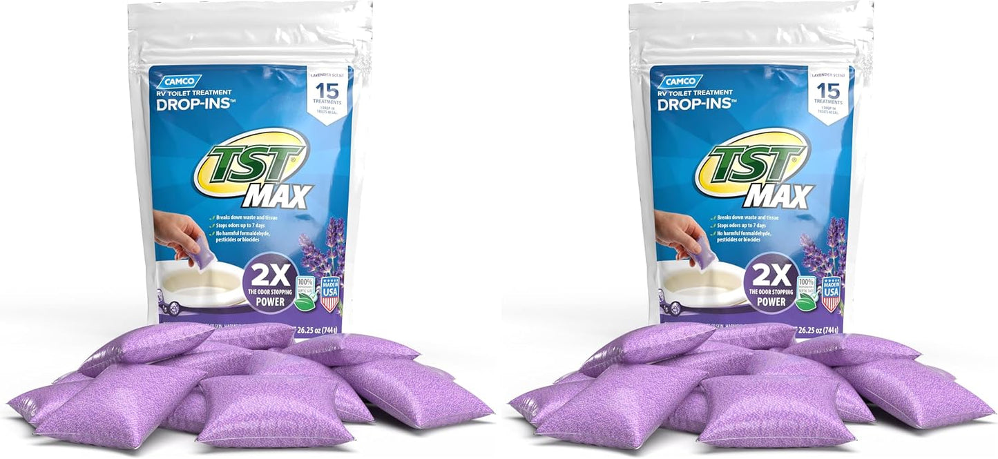 Camco TST MAX RV Toilet Treatment Drop-INs - Control Unwanted Odors and Break Down Waste and Tissue - Septic Tank Safe - Lavender Scent - 30-pack (41553)