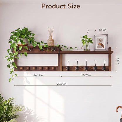 Wooden Key Holder Wall Mount with Shelf, Wall Key Rack and Mail Holder with 9 Key Hooks and 6 Sunglasses Holders, Farmhouse Key Hanger for Entryway Living Room Bedroom, Black