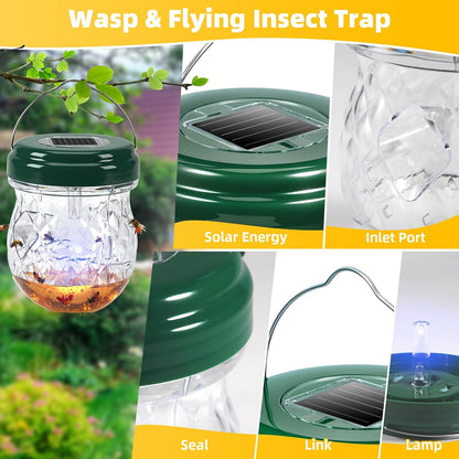 2026 New Wasp Traps Outdoor Hanging with LED Light, 4 Packs Wasp Trap Catcher, Yellow Jacket Traps, Solar Powered Hornet Trap Wasps for Yellow Jackets, Hornets, Waterproof Reusable(Green+Yellow)