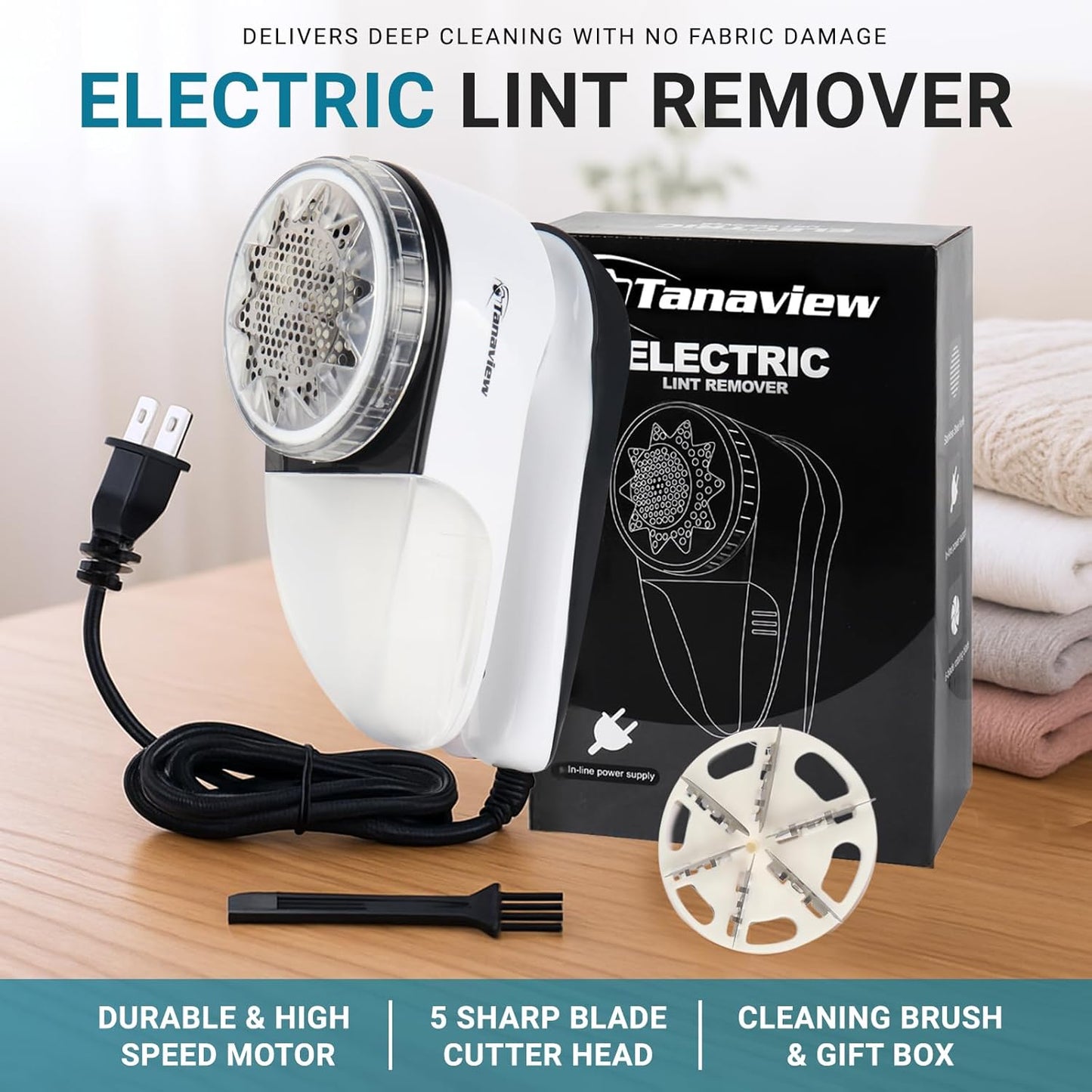 Power Corded Electric Fabric Shaver, No Battery, Pilling & Fuzz Remover for Clothes, Furniture, Couch, Sweaters - 6 Leaf Blades - Portable Defuzzer, Depiller with Stainless-Steel Blades