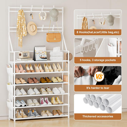 OYREL Shoe Rack, 5 Tier Shoes Storage Organizer, with Functional Hooks and Side Pocket, 20-25 Pairs, for Closet/Entrance/Entryway, Sneaker and Boot Stackable Free Standing Shoe Rack
