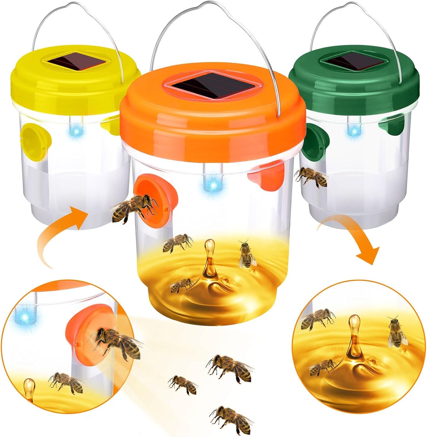 Wasp Trap Solar Powered Bee Trap Reusable Fly Traps Outdoor Hanging Wasp Killer with UV LED Light Flying Insects Bee Killer for Indoor Outside Patio Garden Home (6, Yellow)