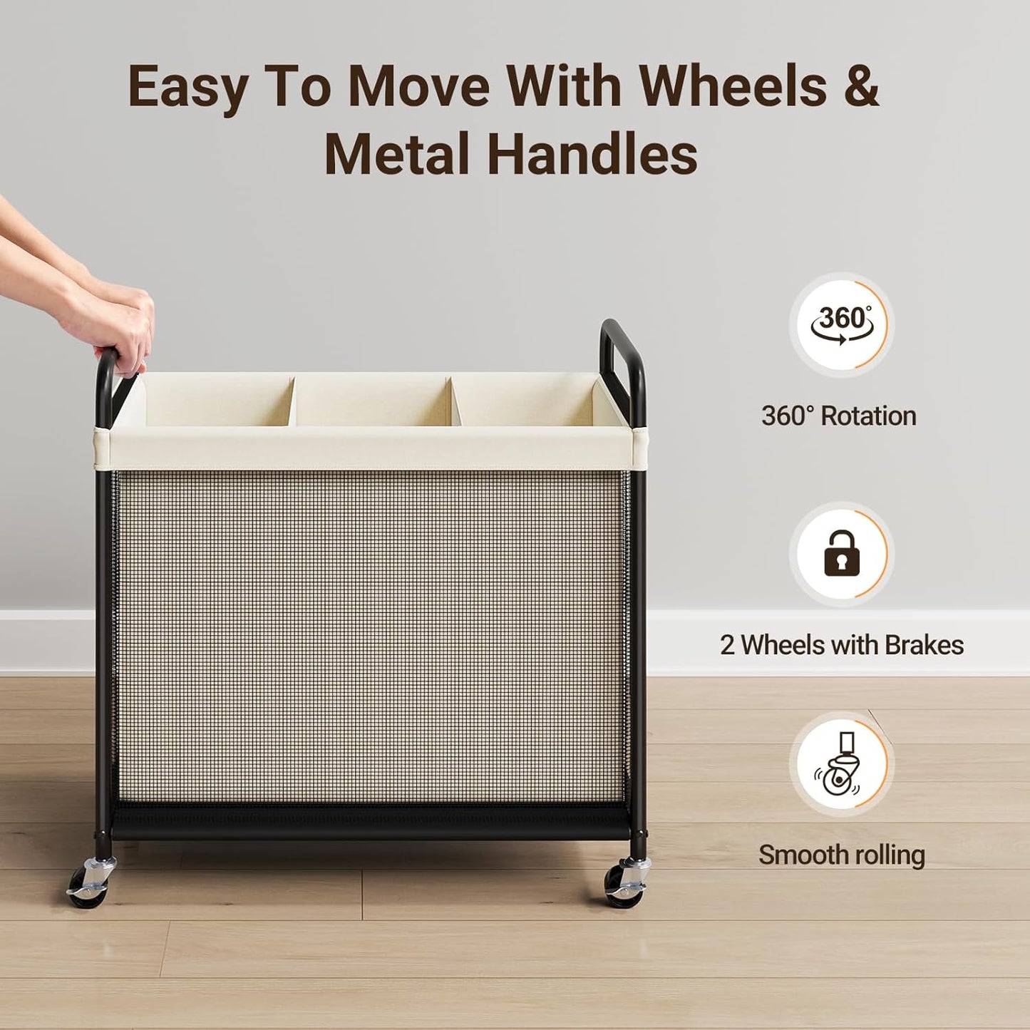 ELYKEN Laundry Hamper 3 Section, 120L Rolling Laundry Sorter with Removable Liner Bag, Laundry Basket with Wheels, Steel Frame with Metal Handle, Clothes Hamper Cart for Laundry Room & Bedroom