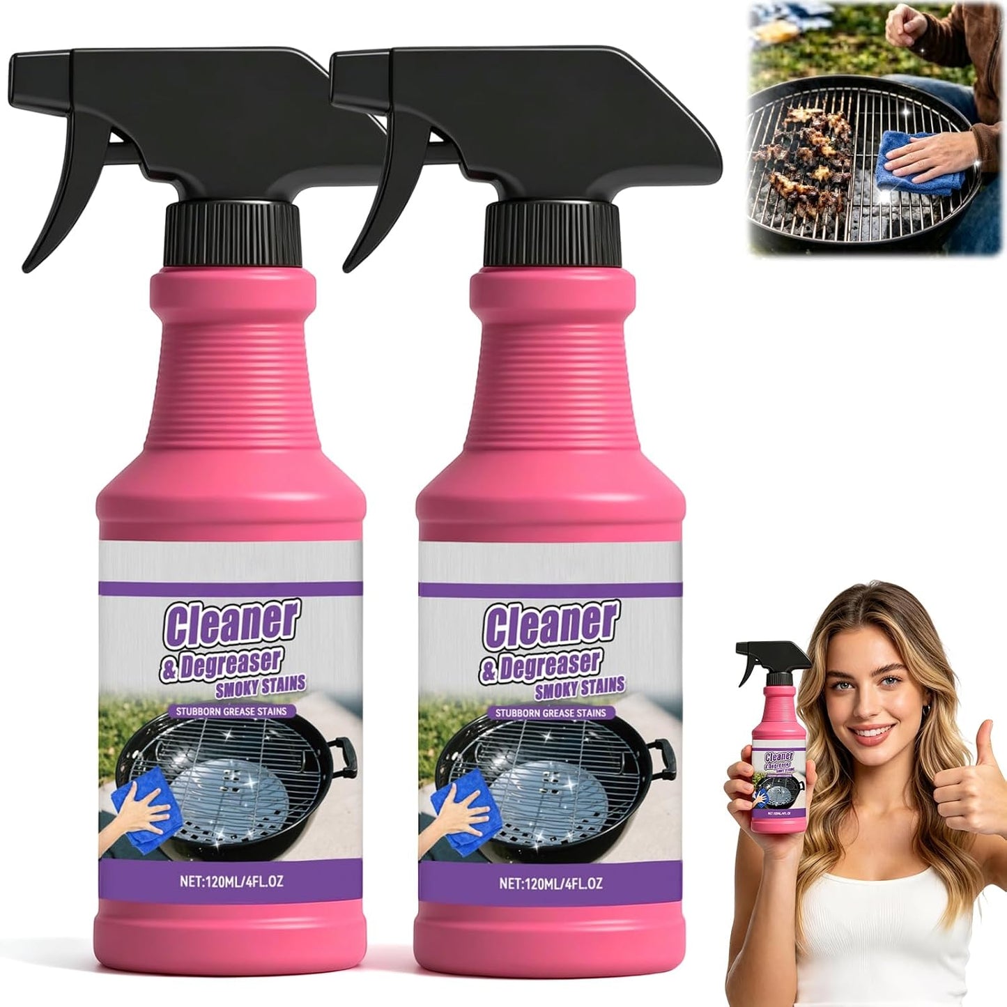 2Pcs Fast-Acting Heavy-Duty Grill Degreaser Spray, New 120 ML BBQ Heavy Duty Degreaser Grill Cleaner Spray, Powerful No-Scrub Oven & Kitchen Cleaner for Grills, Stovetops & Pans