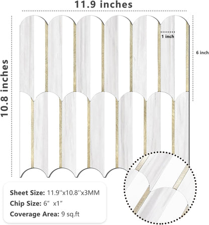 Vamos Peel and Stick Backsplash Seamless Tile for Kitchen and Bathroom,White and Beige Slate PVC Mixed Light Gold Self Adhesive Fish Scale Metal Mosaic Tiles (10 Sheets)