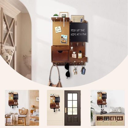 Key Holder for Wall Mount with Shelf and Mail Organizer, Key and Mail Holder with 16 Hooks, Farmhouse Entryway Organizer, Home Decor Rack (Pine Wood, Black)