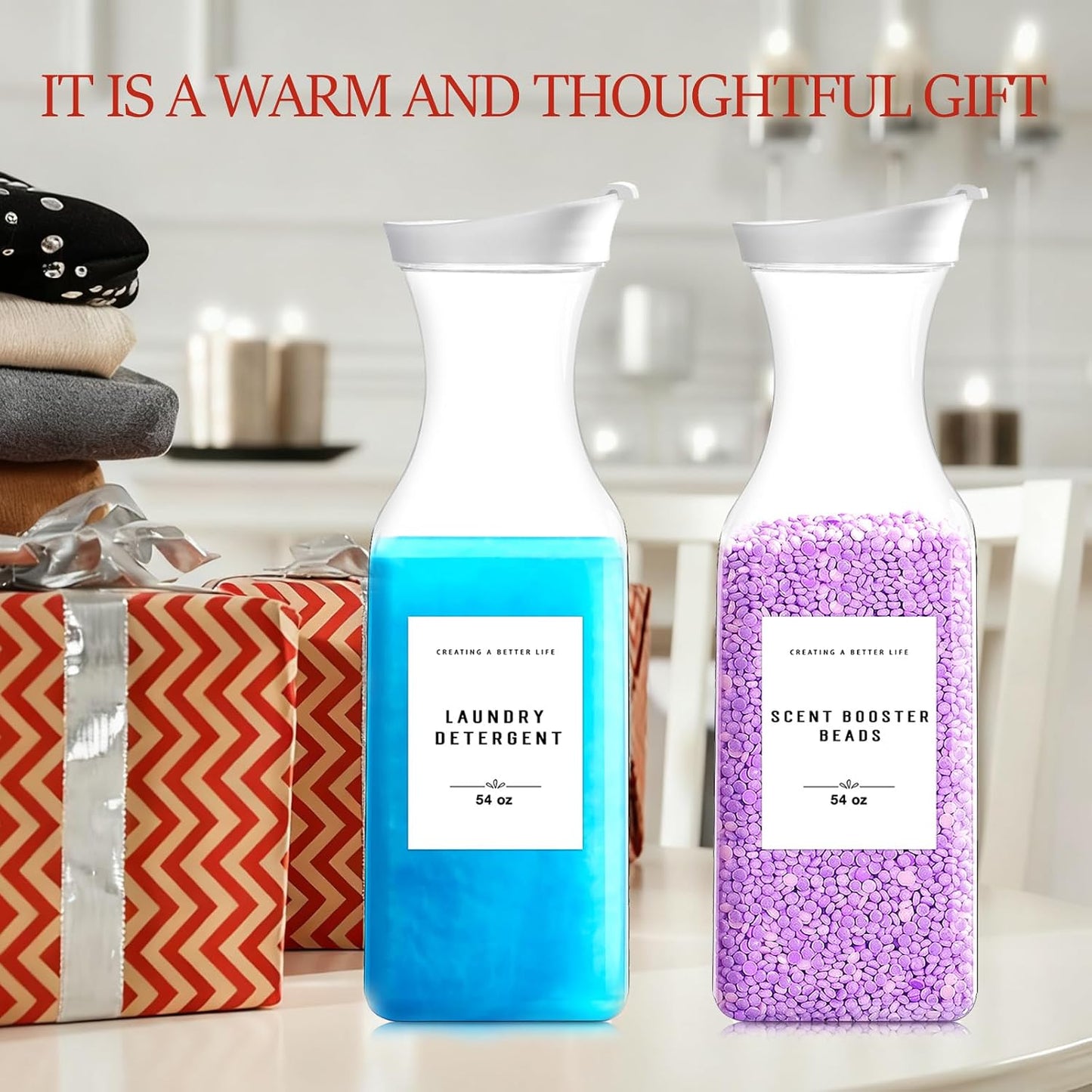 Laundry Detergent Dispenser Bottle 40oz with Waterproof Label for Laundry Detergent Soap Fabric Softener Bleach Scent Booster Beads, Sturdy PET Bottle for Laundry Room Decor 2 Pack White