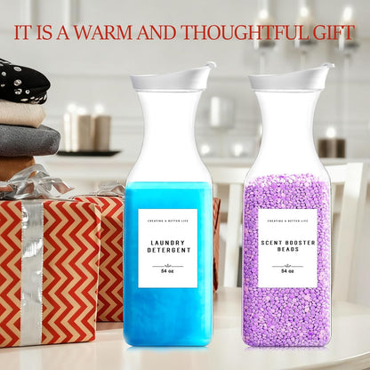 Laundry Detergent Dispenser Bottle 40oz with Waterproof Label for Laundry Detergent Soap Fabric Softener Bleach Scent Booster Beads, Sturdy PET Bottle for Laundry Room Decor 2 Pack White
