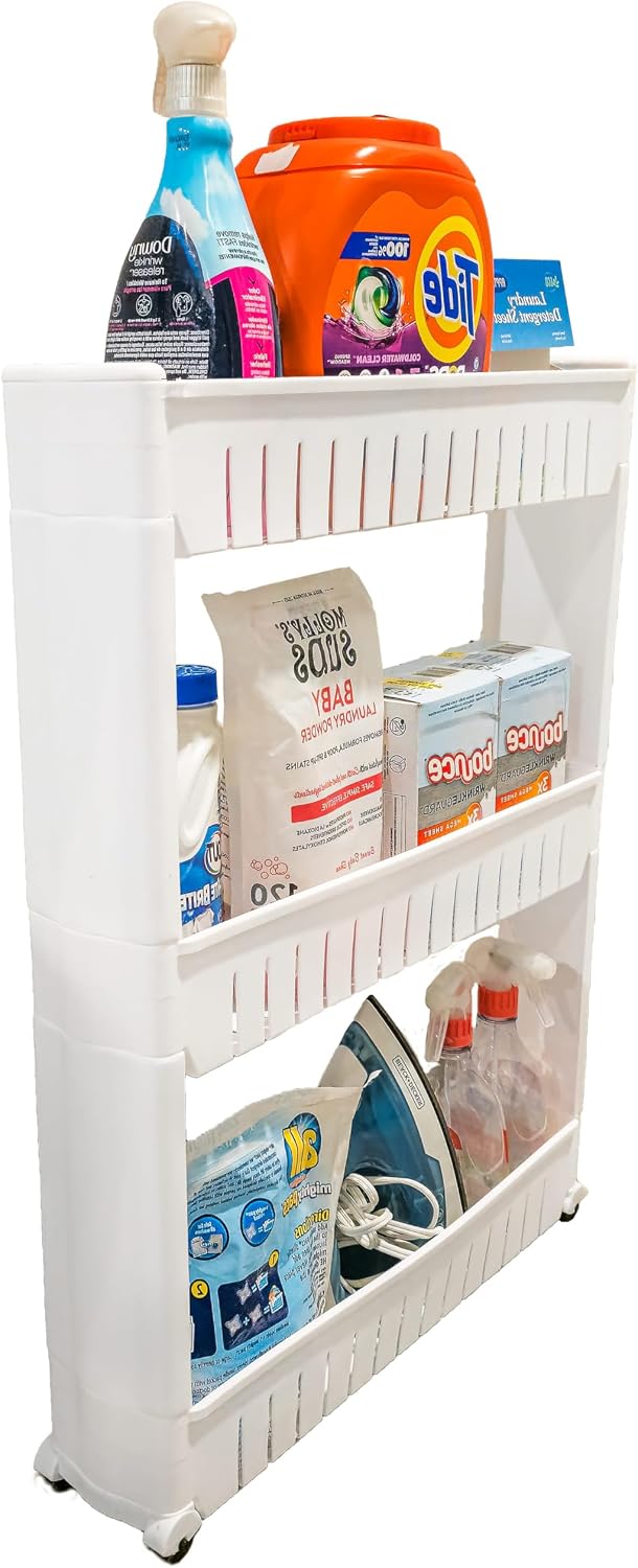 Slim Rolling Storage Cart for Bathroom and Laundry Room Organization - Narrow Space-Saving Mobile Shelving Utility Cart - Versatile Tier Design (White, 4 Tier)