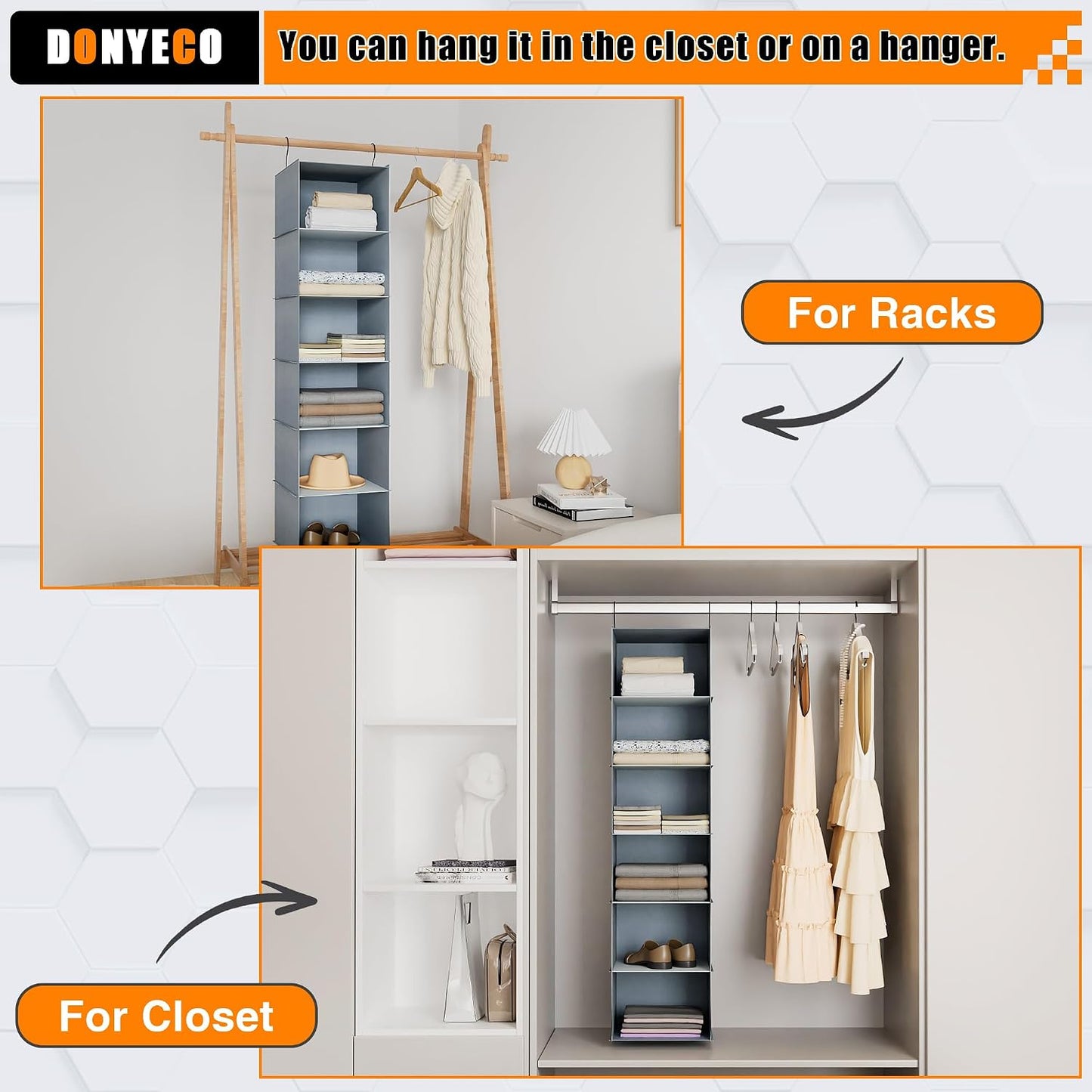 Hanging Closet Organizer 3-Shelf, Oxford Fabric Wardrobe Storage, Gray | Easy-mount foldable design holds clothes, handbags, shoes & accessories; washable Oxford fabric, sturdy and space-saving.