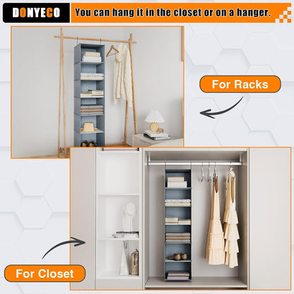 Hanging Closet Organizer 3-Shelf, Oxford Fabric Wardrobe Storage, Gray | Easy-mount foldable design holds clothes, handbags, shoes & accessories; washable Oxford fabric, sturdy and space-saving.