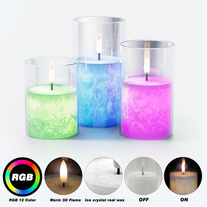 VIODAIM Ice Crystal Real Wax Glass Flameless Candles with Remote & Timer, Battery Operated Candles with Warm Flickering Flame, Realistic LED Candle for Wedding Home Decor [D3×H4/5"/6"] Gold, 3Pack