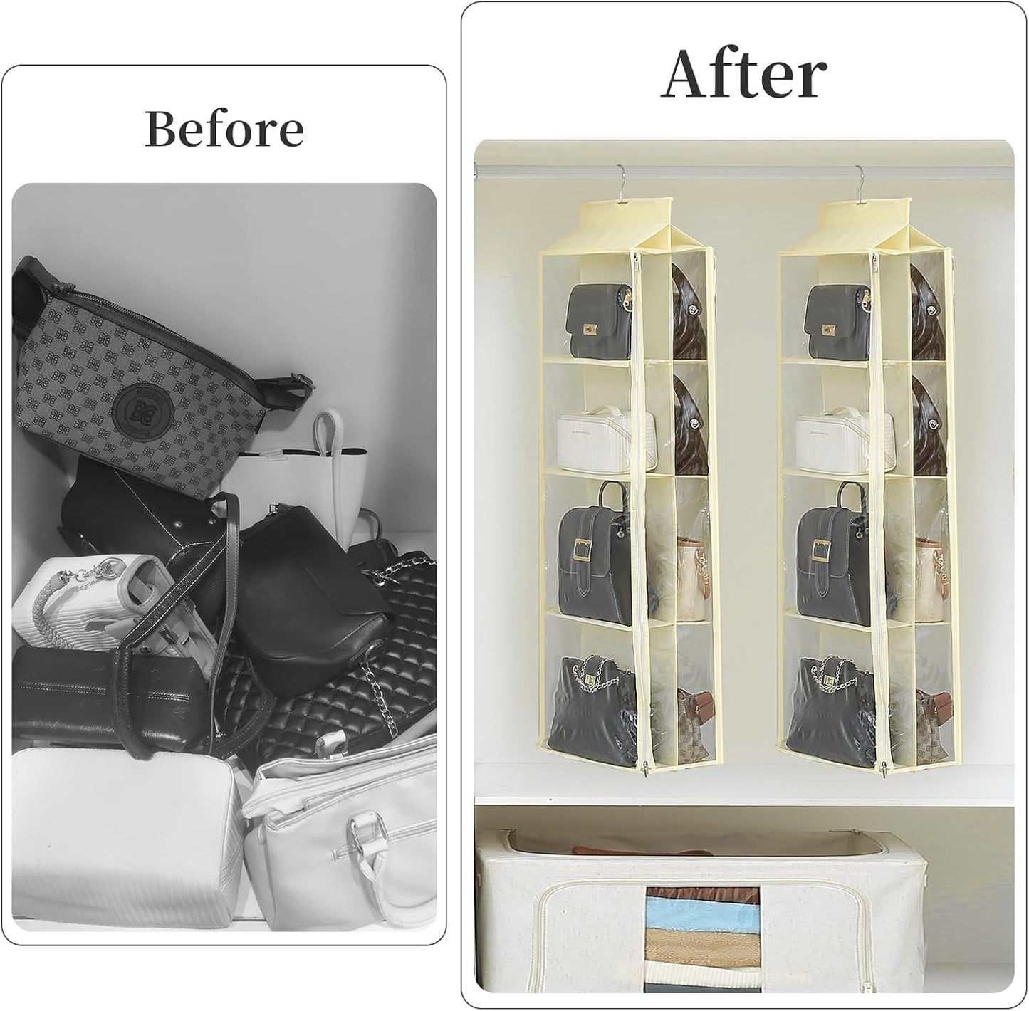 8 Grids in 1 Pack Hanging Purse Handbag Organizer with Double Zippers, Visible Purse Organizer for Closet, Fully Enclosed Purse Storage Holder-Black