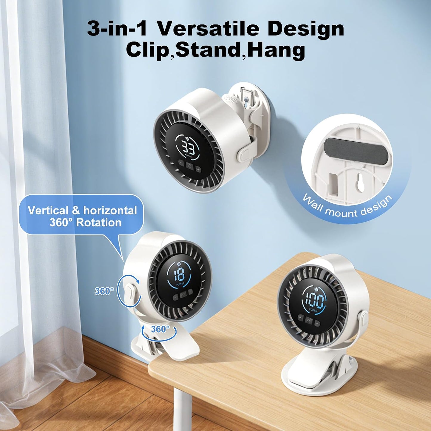 Clip On Rechargeable Fan with LED Light 100 Speed (Need Long Press), 720° Adjustment, Small Protable Desk Fan Quiet Clamp Base 12H Battery, 7 Blades for Dorm Bedroom Travel Camping