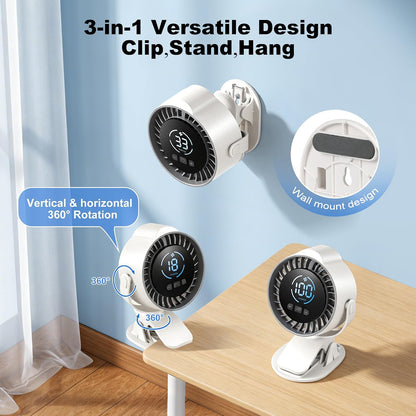 Clip On Rechargeable Fan with LED Light 100 Speed (Need Long Press), 720° Adjustment, Small Protable Desk Fan Quiet Clamp Base 12H Battery, 7 Blades for Dorm Bedroom Travel Camping
