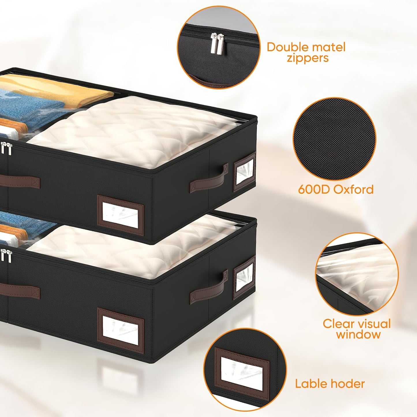 OIAHOMY 2 Pack 53L Under Bed Storage with Adjustable Dividers, 6" Low Profile Underbed Storage Bins for Comforters & Clothes, Save Closet Space with Clear View Lid & Reinforced Handles, Grey