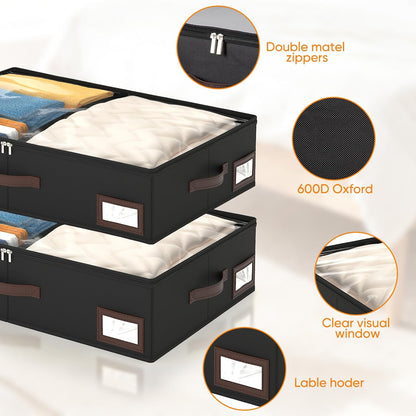 OIAHOMY 2 Pack 53L Under Bed Storage with Adjustable Dividers, 6" Low Profile Underbed Storage Bins for Comforters & Clothes, Save Closet Space with Clear View Lid & Reinforced Handles, Grey