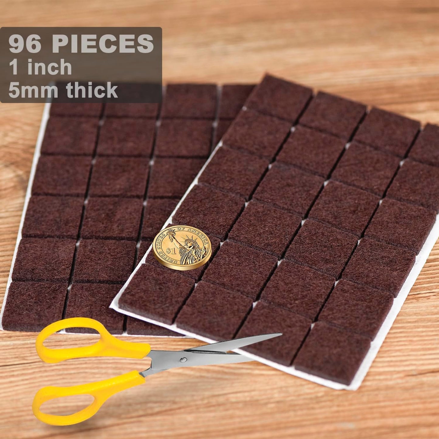 Square Felt Pads for Chair Legs, Square Felt Furniture Pads 1 inch 48 Pieces Pack Brown, Furniture Pads for Hardwood Floor 5mm Thick