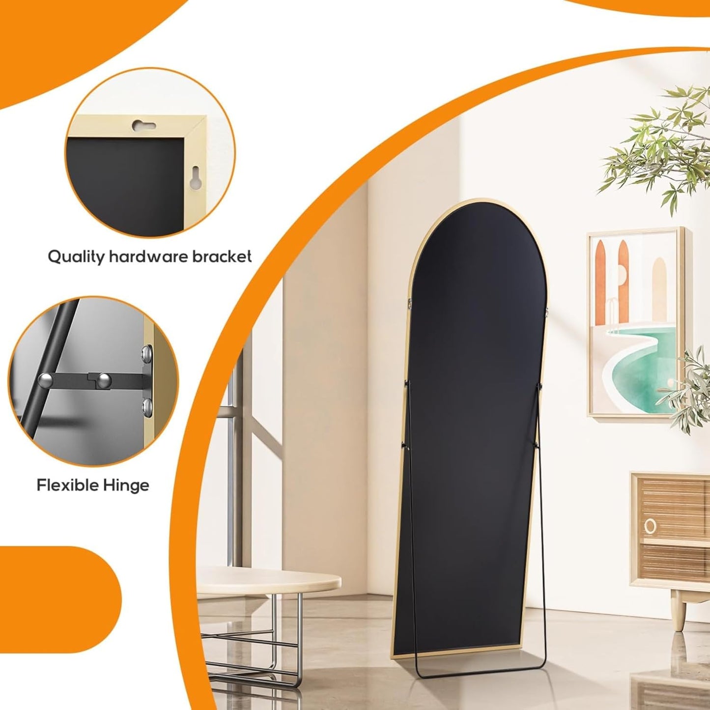 Arched Mirror Full Length, Upgraded 16"x59" Body Wall Mirrors with Shatter-Proof Glass, Floor Standing, Hanging or Leaning, Tall Arch Mirror with Stand Aluminum Alloy Frame for Bedroom, Black